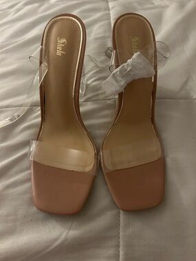 SHEIN Pink Nude Clear Strap Block Heel Sandals